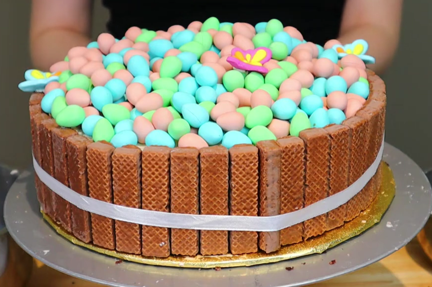 chocolate Easter cake decorated with gluten-free wafers