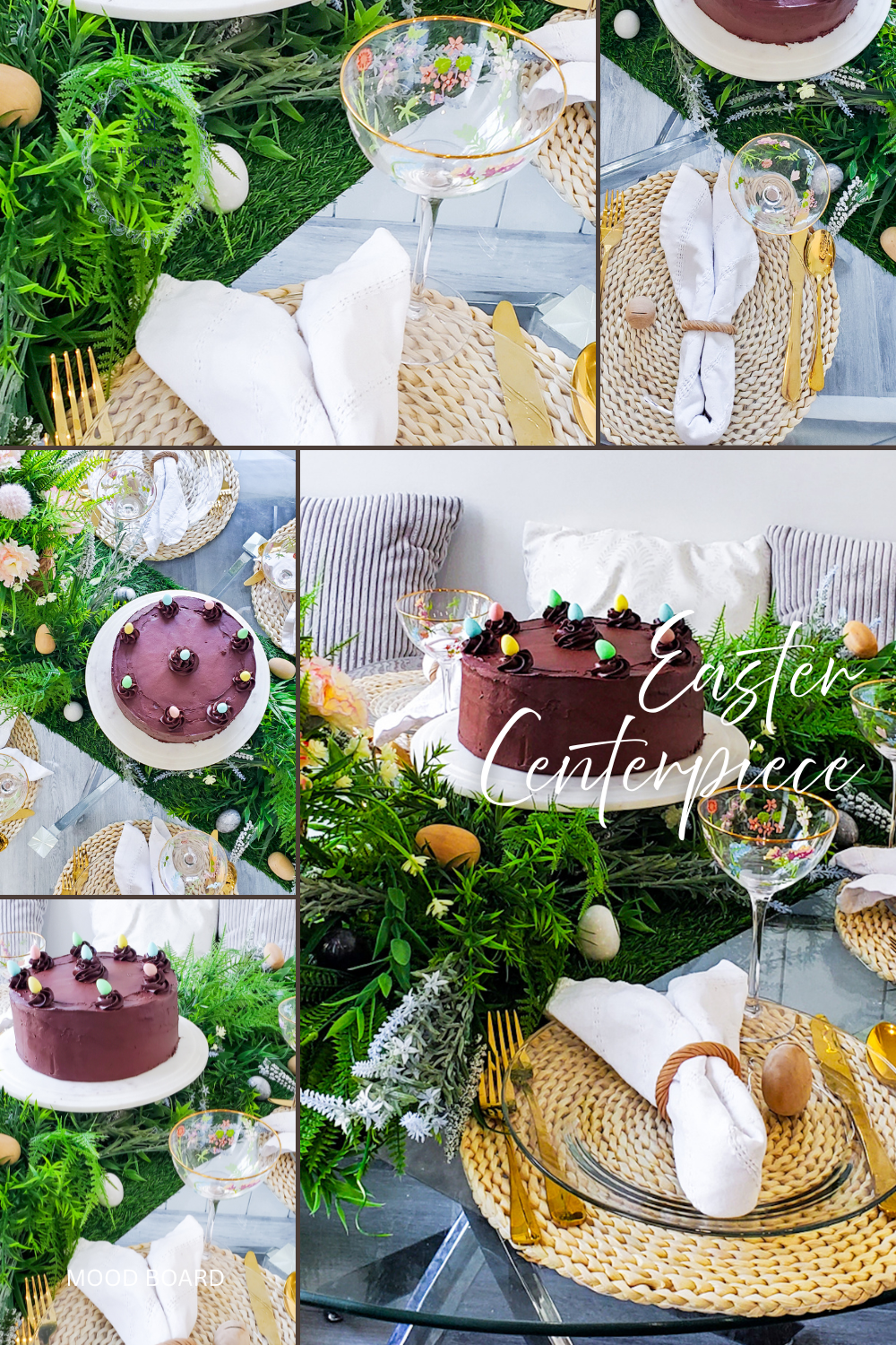 Easter tablescape with a chocolate cake centerpiece, spring greenery, woven placemats, glass plates, gold cutlery, and pastel egg decorations