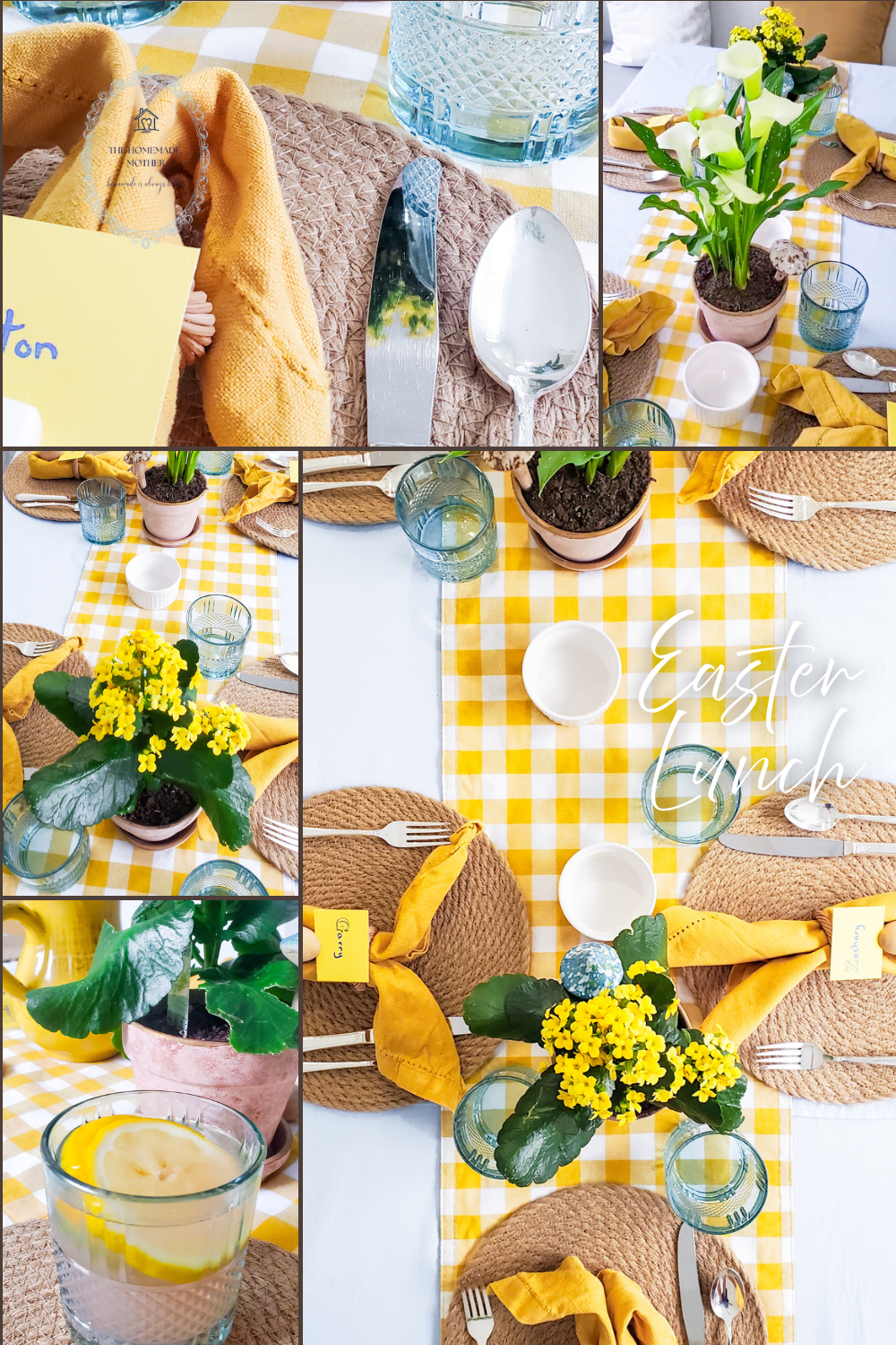 Easter tablescape with a chocolate cake centerpiece, spring greenery, woven placemats, glass plates, gold cutlery, and pastel egg decorations